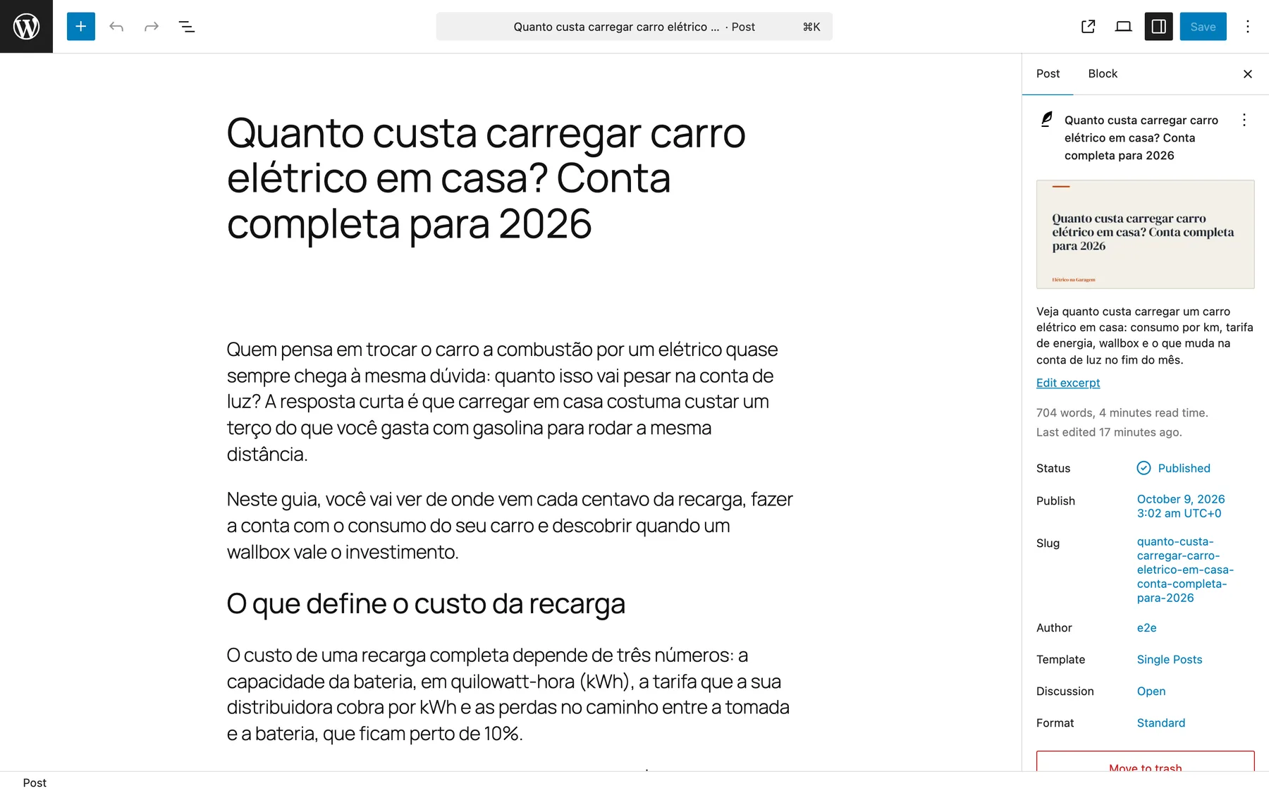 O artigo aberto no editor de blocos do WordPress, publicado
