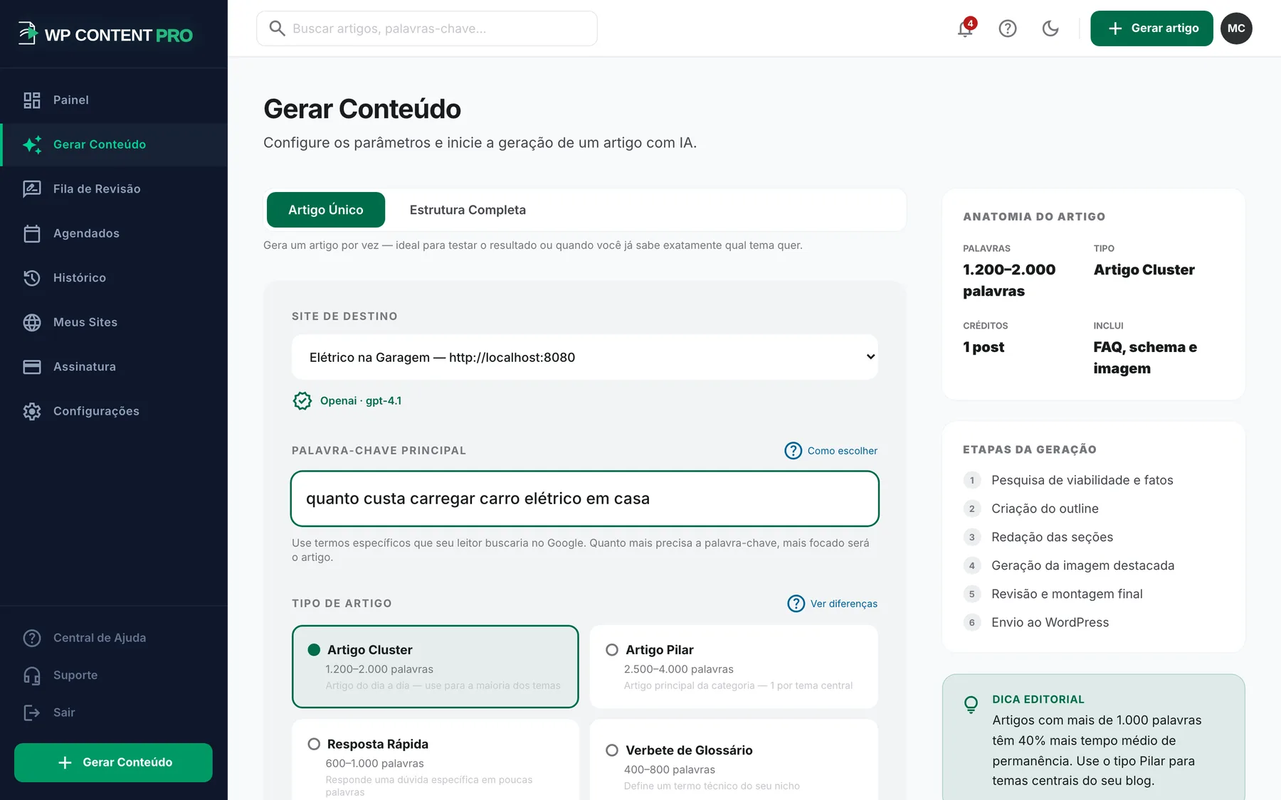 Tela Gerar Conteúdo do WP Content Pro com a palavra-chave preenchida