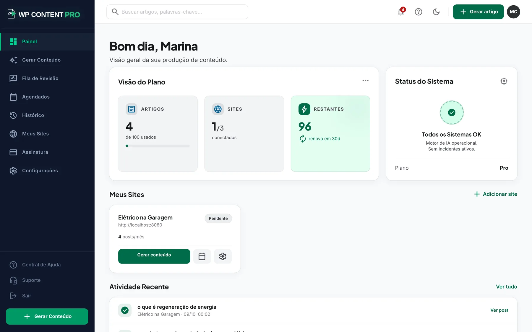 Painel do WP Content Pro com créditos do plano, sites conectados e atividade recente