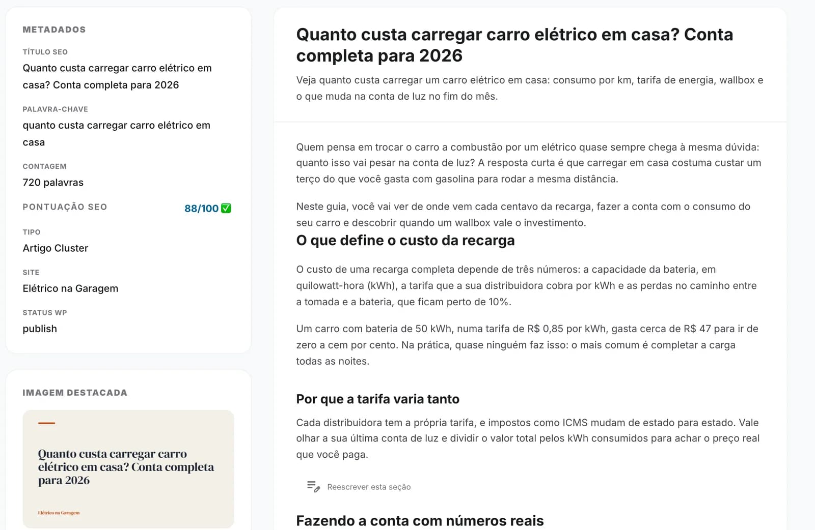 Tela de revisão do artigo no WP Content Pro, com metadados, pontuação de SEO e o texto formatado